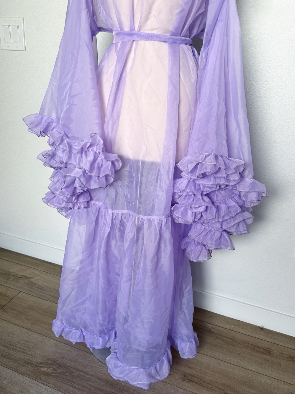 Vintage 70s Sheer Lavender Ruffle Peignoir Maxi Robe Bell Sleeve - Picture 8 of 9